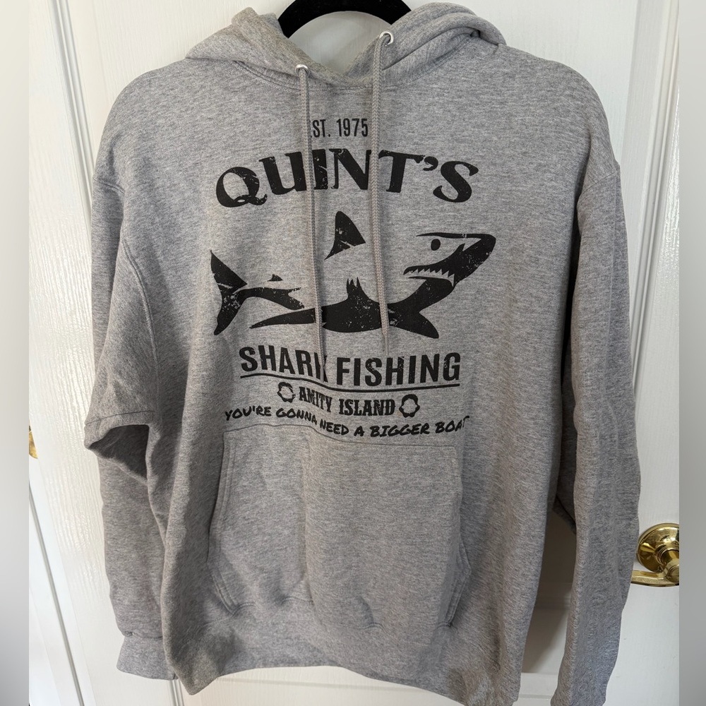 Quint's Shark Fishing Graphic Hoodie in Heather Gray